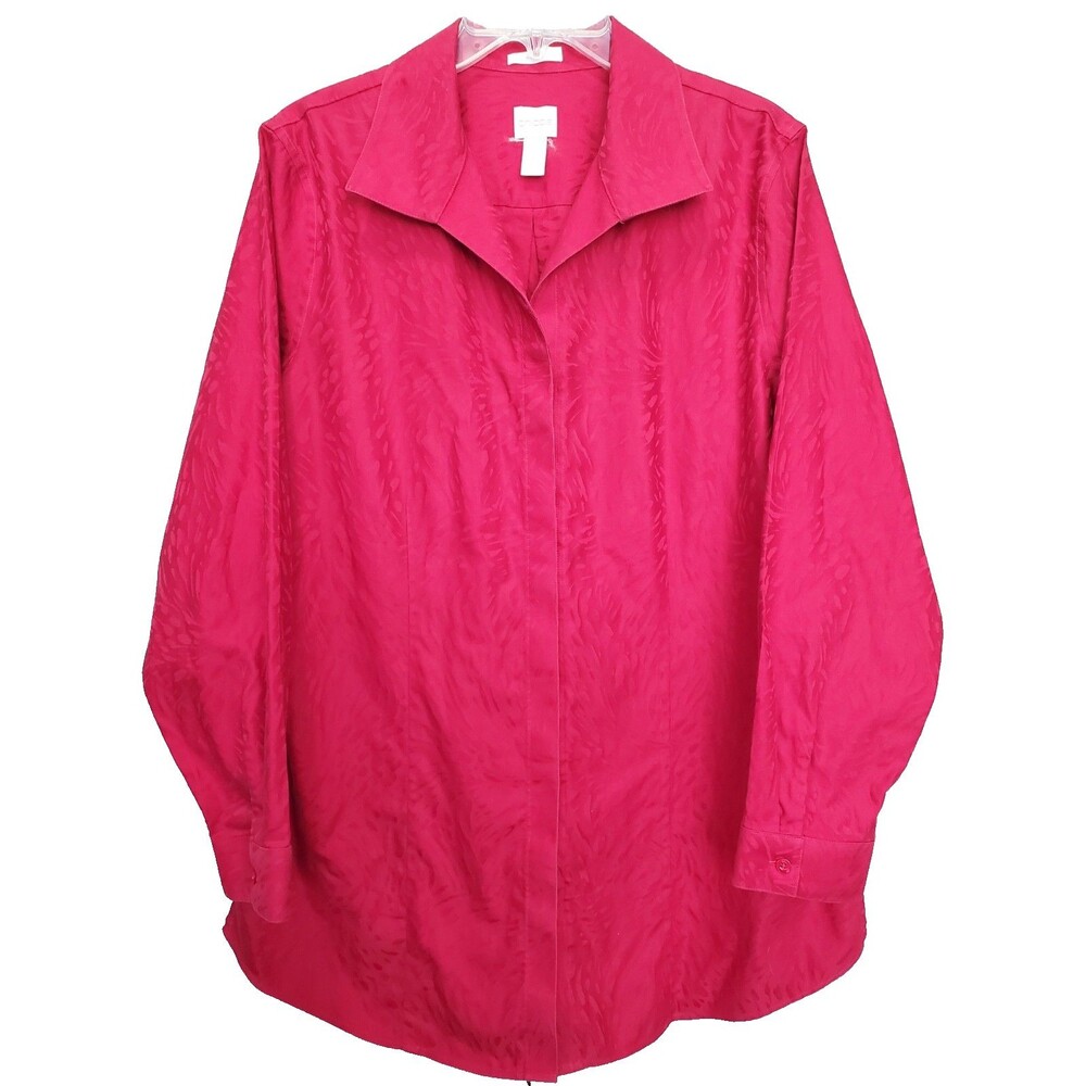 Chico's Red Jacquard No Iron Hidden Placket Long Sleeve Button-Up Tunic 3 (XL)